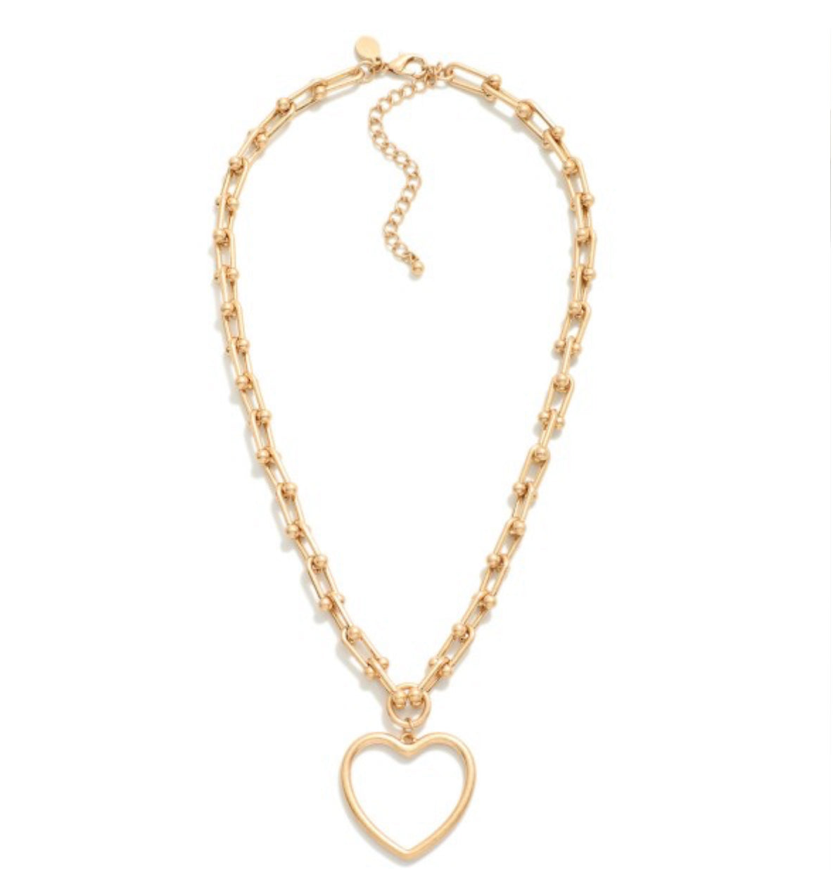 Metal Tone U Link Necklace Featuring Hollow Heart Pendant